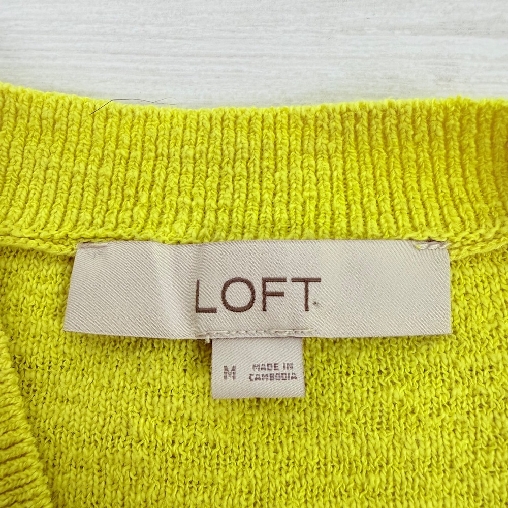 LOFT Henley Sweater Top Size M Bright Yellow Knit Cotton Blend 3/4 Sleeves Chic - Picture 9 of 14